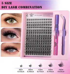DIY eyelash extension kit with C-curl cluster lashes, bond and seal glue, and tweezers