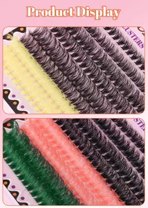 Close-up of colorful DIY individual lash clusters in pink, green, and yellow hues