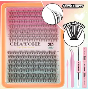 Detail view of 280 clusters DIY eyelash kit with glue, seal and precision tweezers