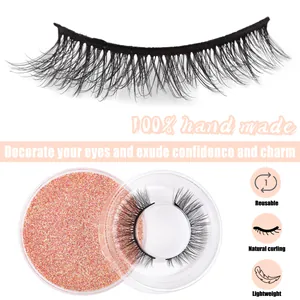 Detail of 3D dense fake eyelashes with round pink glitter case and product features