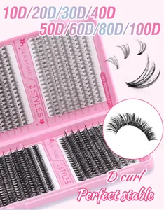 Detail of 10D-100D volume cluster lashes with D-curl style in pink storage box