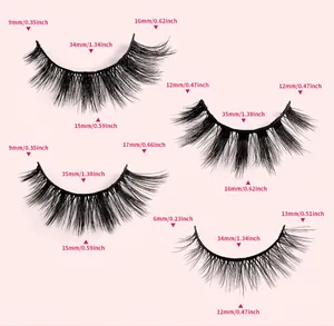 Detailed size guide with width and length for four styles of thick false eyelashes