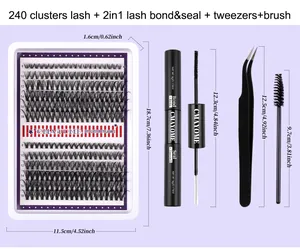 Macro detail of DIY eyelash extension kit including 240 clusters, glue, and tweezers