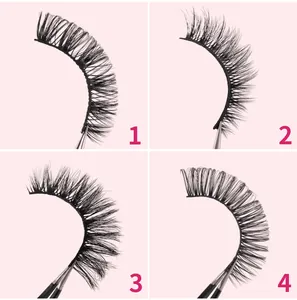 Close-up of four synthetic eyelash styles with natural and thick volume shown with tweezers