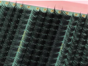 Macro shot of assorted black cluster lashes featuring 10mm to 16mm D-curl lengths