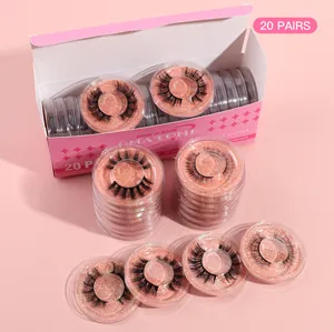 Detail view of 20 pairs of 3D natural dense false eyelashes in pink glitter packaging