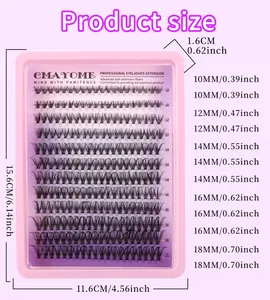 Size guide for DIY lash cluster kit showing 10mm to 18mm lengths in a pink tray