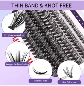 Detail of thin band knot-free DIY cluster lashes in 16mm length with D-curl design