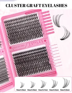 Macro shot of 2 styles mixed cluster lashes with labeled lengths from 10mm to 16mm