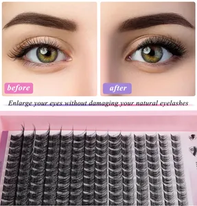Before and after comparison of natural cluster eyelash extensions with C curl volume effect