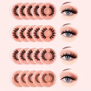 Detail of four dense false eyelash styles with pink glitter base and eye-wear effects