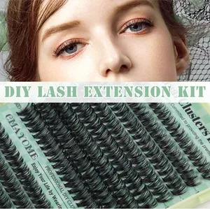 Macro detail of 60D DIY eyelash cluster set with dense D-curl volume for extension