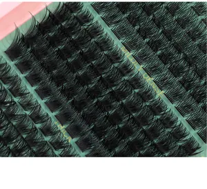 Detail of thick black cluster lashes with D curl style on green background card