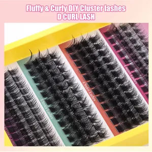 Close-up of DIY cluster lashes set with four different D-curl fluffy and curly styles