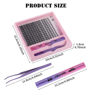 Detailed DIY eyelash extension kit size specifications with lash tray, bond seal and tweezers