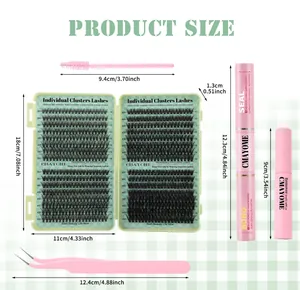 Detailed size specifications for eyelash extension kit components and pink beauty tools