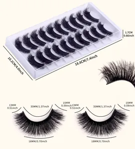 Detailed dimensions of 10 pairs fluffy false eyelashes in a transparent storage box