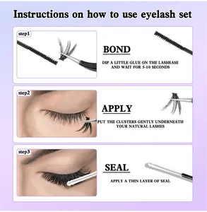 Guide showing bond and seal application for DIY cluster eyelash extensions set