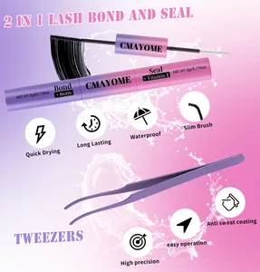 Close-up of dual-ended eyelash bond and seal with precision purple tweezers