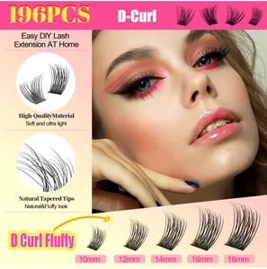 Detail of 196pcs D-curl cluster lashes set showing lengths from 10mm to 16mm on model