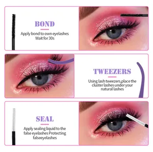 Three-step eyelash extension guide showing bond application, tweezers use, and seal finish