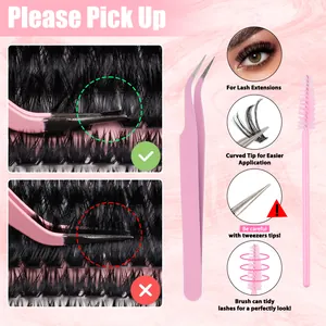 Detail view of pink precision tweezers and lash brush for individual cluster application