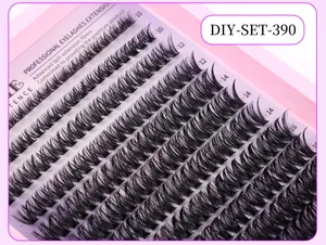 Detail of DIY individual lash clusters set with lengths from 10mm to 16mm on a tray