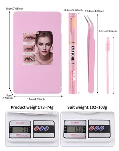 Detailed lash extension kit showing pink tweezers, glue, and product dimensions in macro view