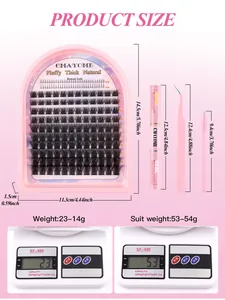 Detailed dimensions of false eyelash cluster set with glue, tweezers, and brush