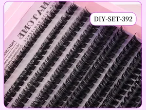 Macro view of 10 rows of DIY cluster lash extensions in a pink tray, D-curl volume style