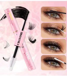 Close-up of double-ended eyelash bond and seal tool with application steps on pink background
