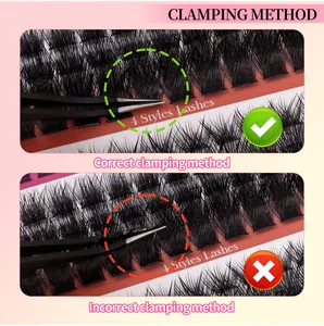 Macro detail of the correct clamping method for 4 styles of dense cluster false eyelashes