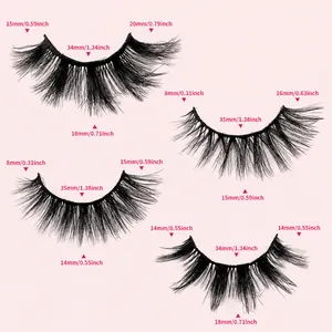 Size chart for 3D voluminous false eyelashes showing various lengths and styles