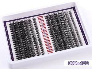 Close-up of 30D and 40D cluster lash extension set with lengths from 8mm to 18mm