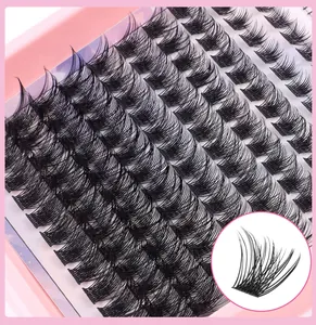 Macro detail of natural voluminous individual lash clusters and curved false eyelashes