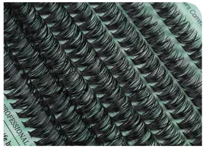 Macro view of 484 dense synthetic fiber cluster lashes with D-curl on green card