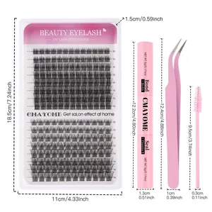 Detailed dimensions of the cluster eyelash kit including lashes, glue, tweezer and brush