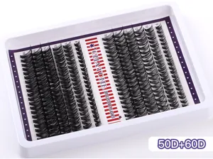 Detailed view of DIY cluster eyelash tray showing lengths from 8mm to 18mm in 50D and 60D