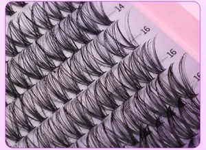 Close-up of DIY cluster lashes showing 14mm and 16mm fiber length and root details
