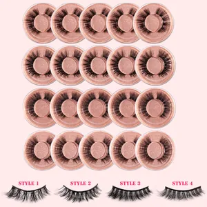 Lot de 20 faux cils volumineux et longs dans des boîtes rondes pailletées or rose