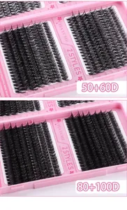 Close-up of multi-length black cluster lashes in 10-16mm with D-curl density mix