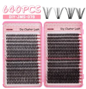 Macro detail of DIY lash kit showing 640 black cluster eyelashes with 10-16mm length labels
