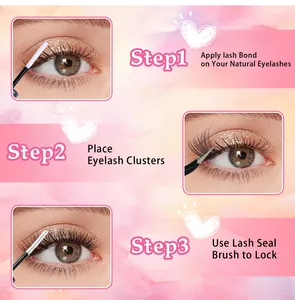 Three-step visual guide for applying DIY lash clusters with bond and seal tools