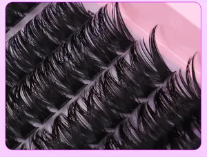 Macro detail of natural black cluster eyelashes with D-curl on a purple grid base