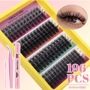 Detail view of 196 clusters eyelash extension kit with glue, tweezers, and brush set