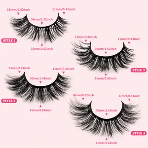 Guide des tailles pour 4 styles de faux cils longs et denses avec mesures détaillées