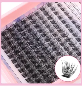 Macro detail of natural curly individual lash clusters in a pink display storage box