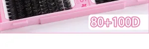 Close-up detail of 80+100D dense clusters of individual eyelashes in pink tray