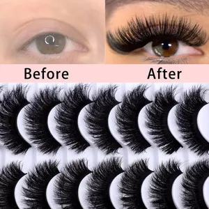 10 pairs of fluffy wispy false eyelashes set with before and after application comparison