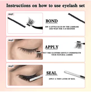 Three-step application guide for DIY lash cluster extension kit with bond and seal